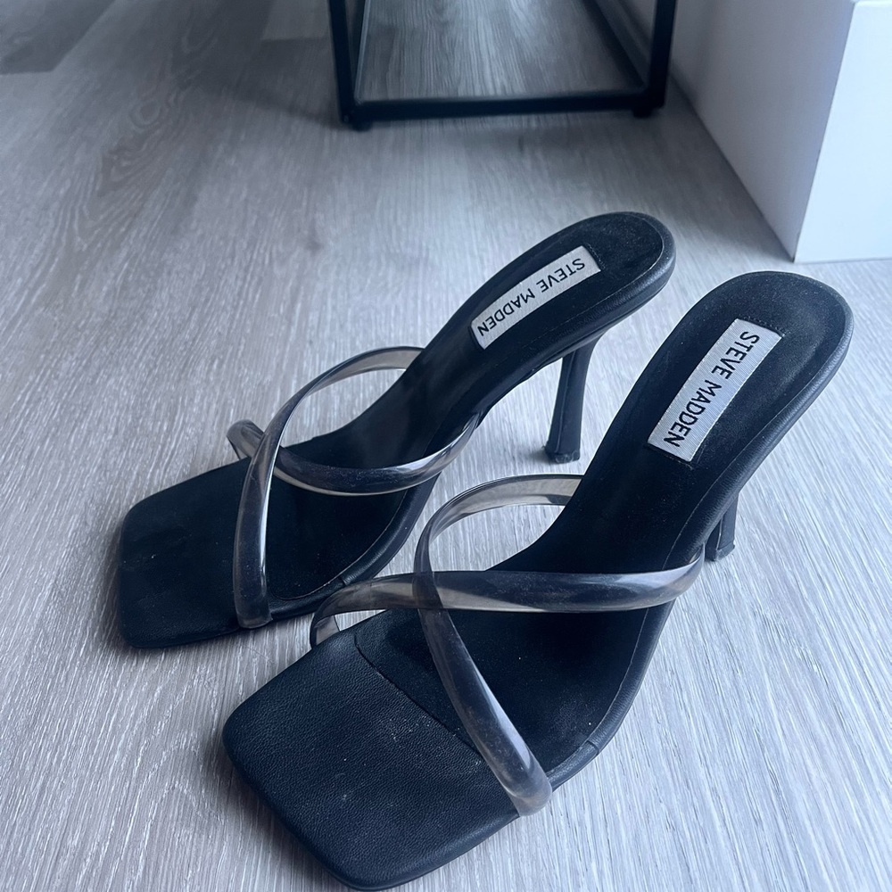 Steve Madden Black Heeled Sandals with Clear Crisscross Straps